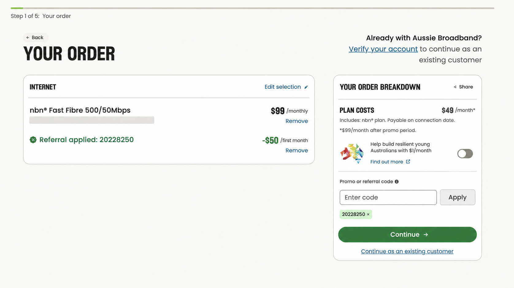 Aussie Broadband checkout showing referral code 20228250 applied and a $50 first-month credit