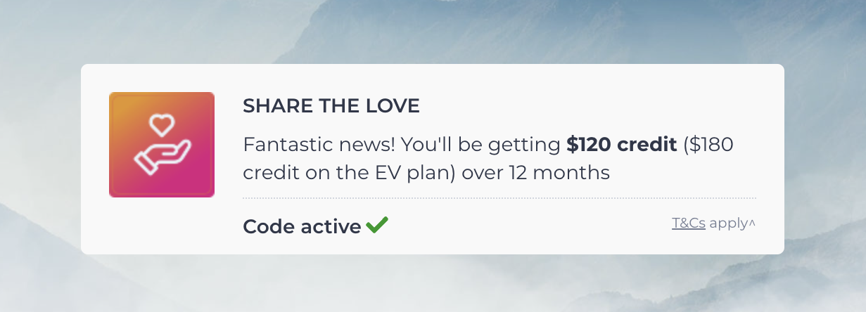 OVO Energy referral confirmation showing $120 credit, $180 on the EV plan, and Code active
